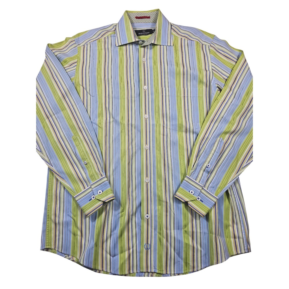 Bugatchi Uomo Mens Green Blue Striped Long Sleeve Button Down Shirt Size Medium